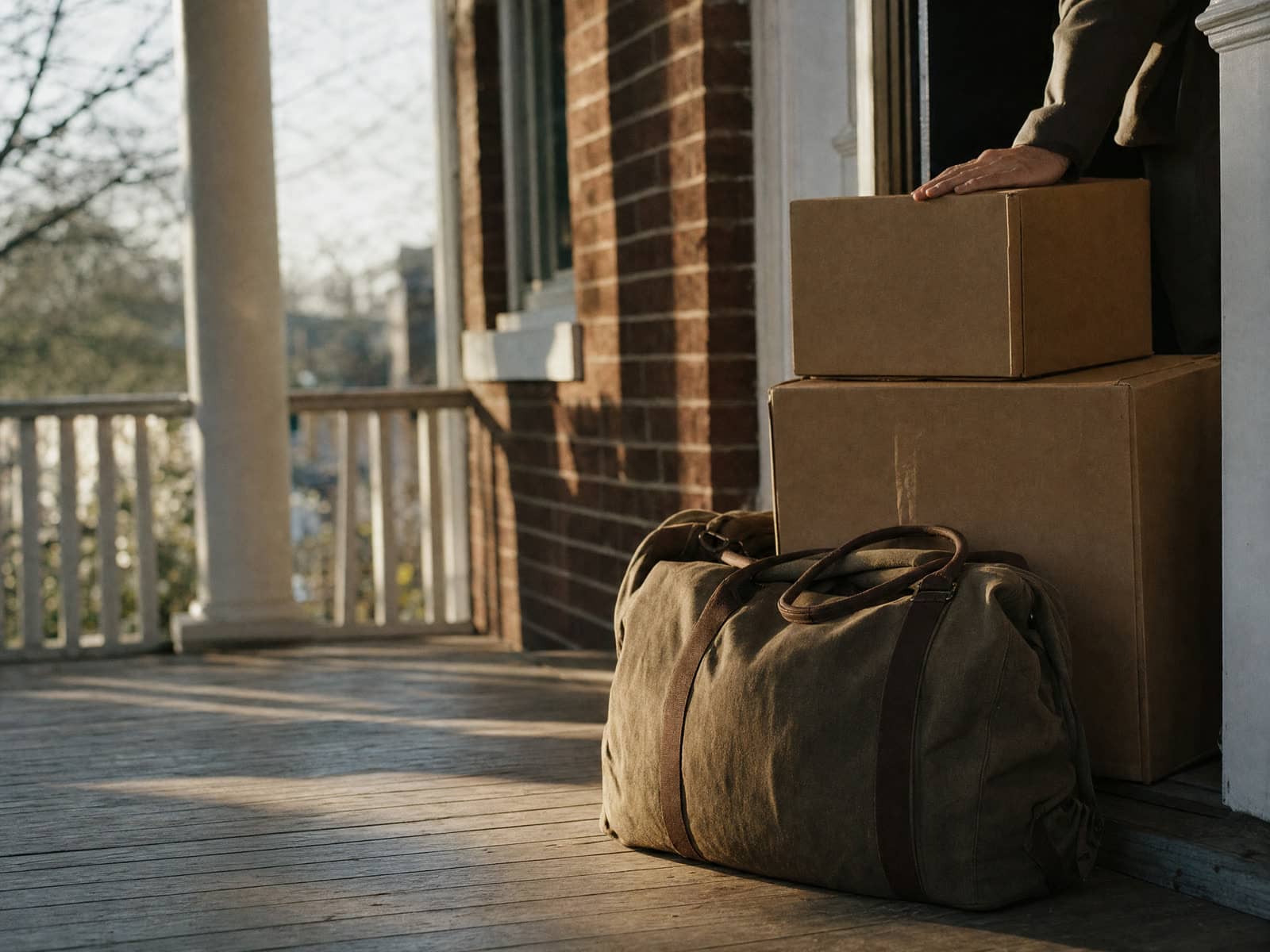 Moving boxes by a Tidewater front door at first light, a military family's moving day.