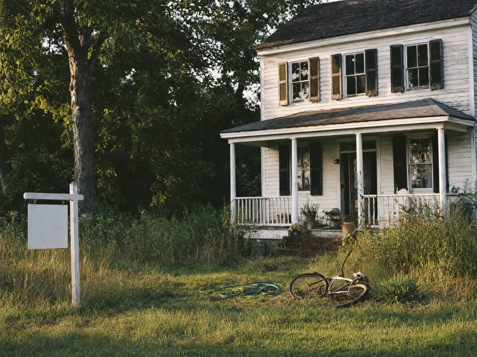 A For Sale rider on a Tidewater lawn in fading light, a listing that has been sitting.